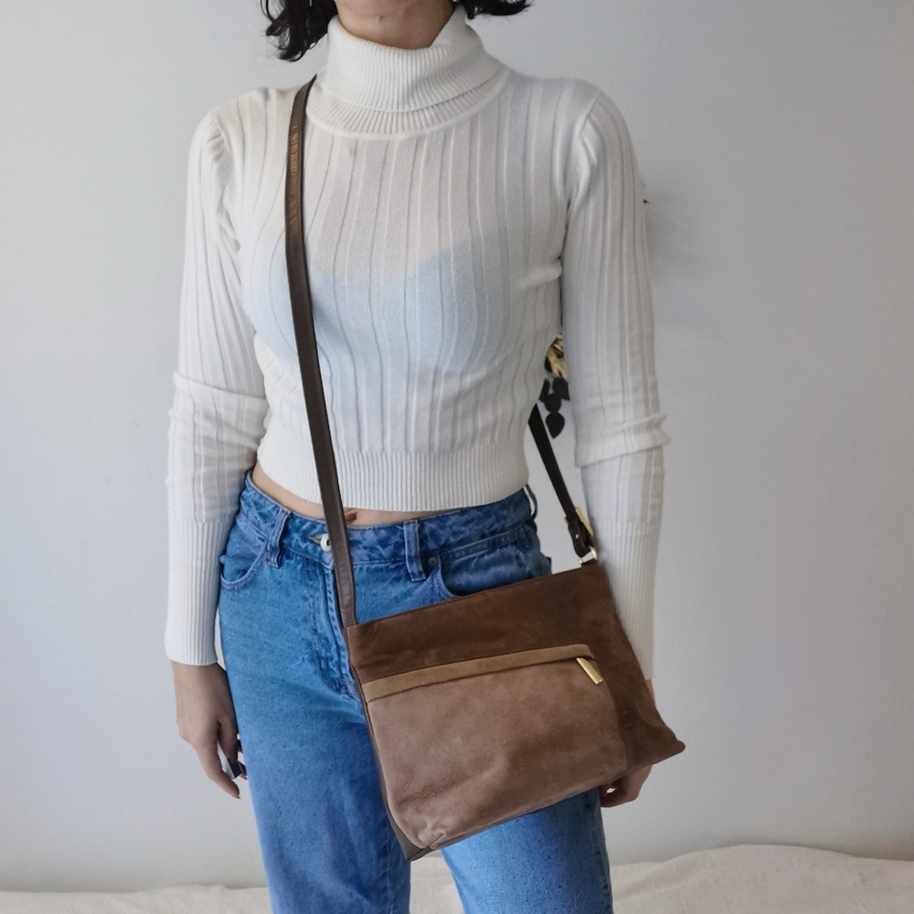 Vintage Brown suede crossbody bag, boho style minimalist purse